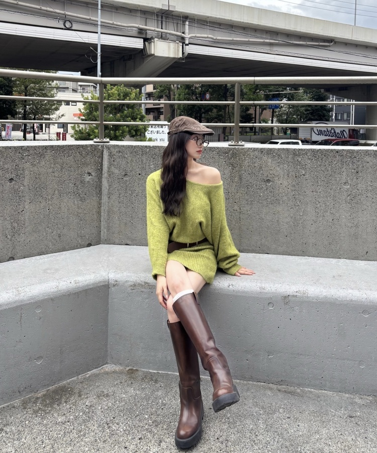 【ベルト付き】オフショルダーミニニットワンピース PASTEL GREEN