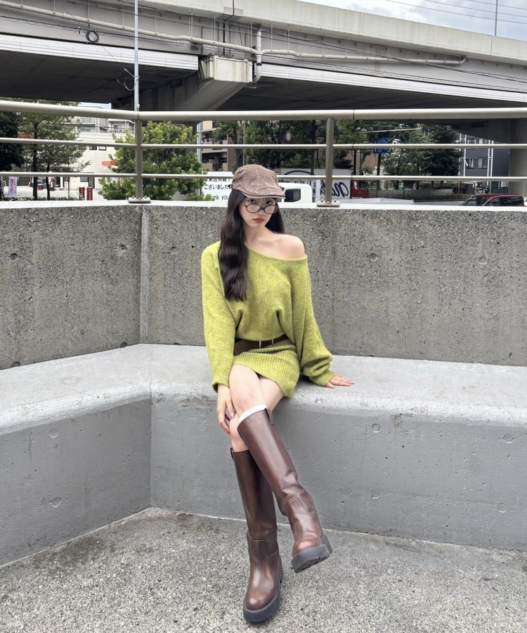 【ベルト付き】オフショルダーミニニットワンピース PASTEL GREEN