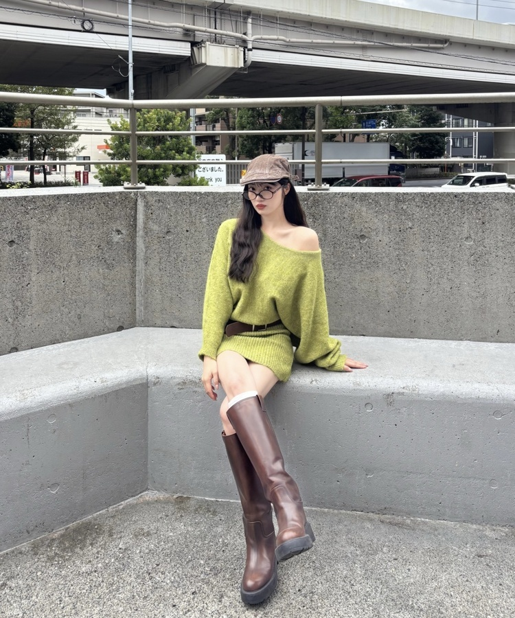 【ベルト付き】オフショルダーミニニットワンピース PASTEL GREEN