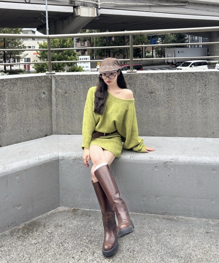 【ベルト付き】オフショルダーミニニットワンピース PASTEL GREEN