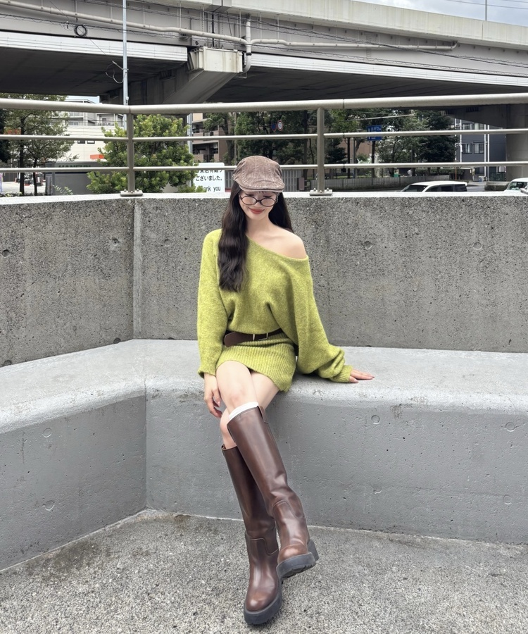 【ベルト付き】オフショルダーミニニットワンピース PASTEL GREEN