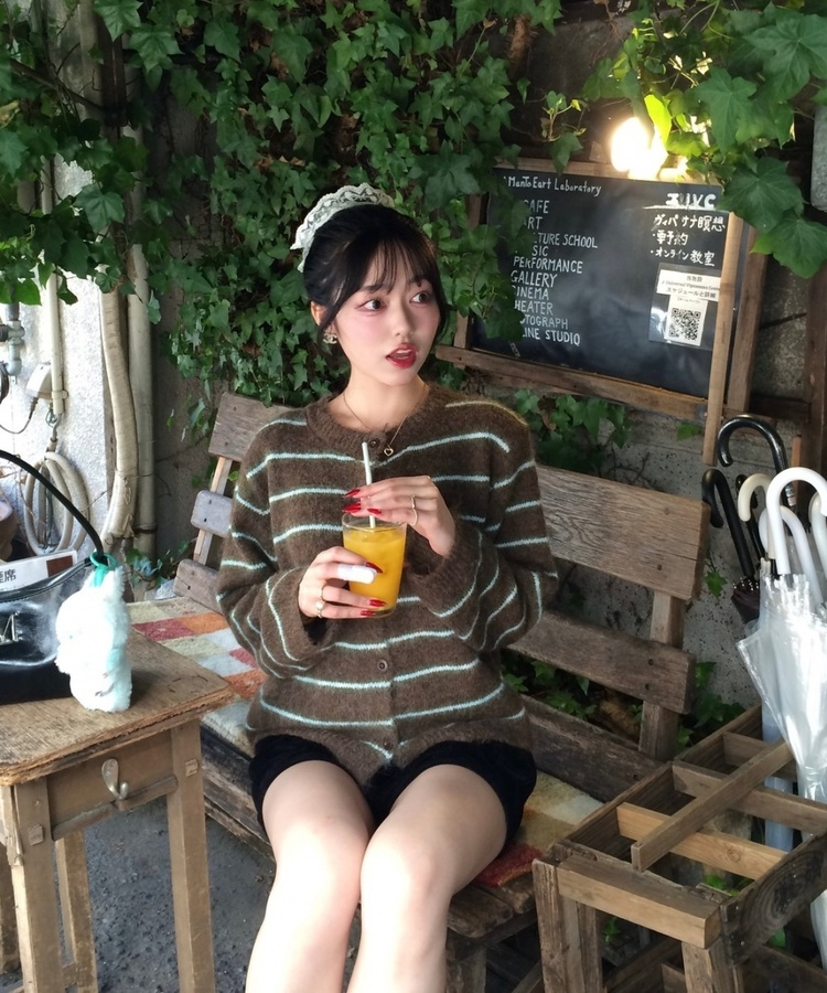 ストライプアンゴララウンドニット｜カーディガン｜韓国ファッション