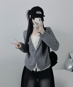 레블이중레이어드브이넥배색긴팔니트가디건 그레이