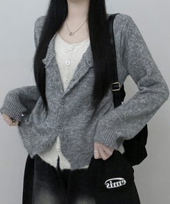 레블이중레이어드브이넥배색긴팔니트가디건 그레이