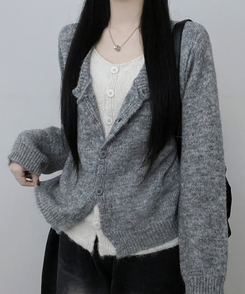 레블이중레이어드브이넥배색긴팔니트가디건 그레이