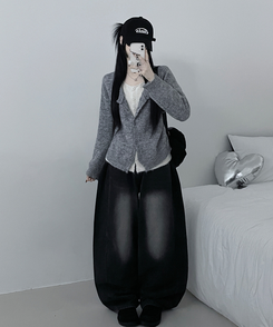 레블이중레이어드브이넥배색긴팔니트가디건 그레이