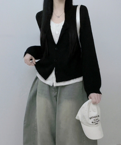 레블이중레이어드브이넥배색긴팔니트가디건 블랙