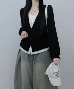 레블이중레이어드브이넥배색긴팔니트가디건 블랙