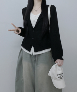 레블이중레이어드브이넥배색긴팔니트가디건 블랙