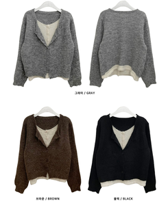 레블이중레이어드브이넥배색긴팔니트가디건