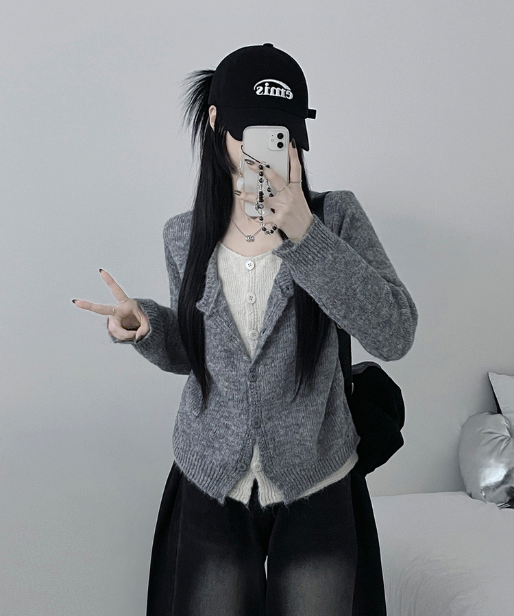 레블이중레이어드브이넥배색긴팔니트가디건 그레이