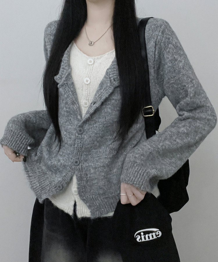 레블이중레이어드브이넥배색긴팔니트가디건 그레이
