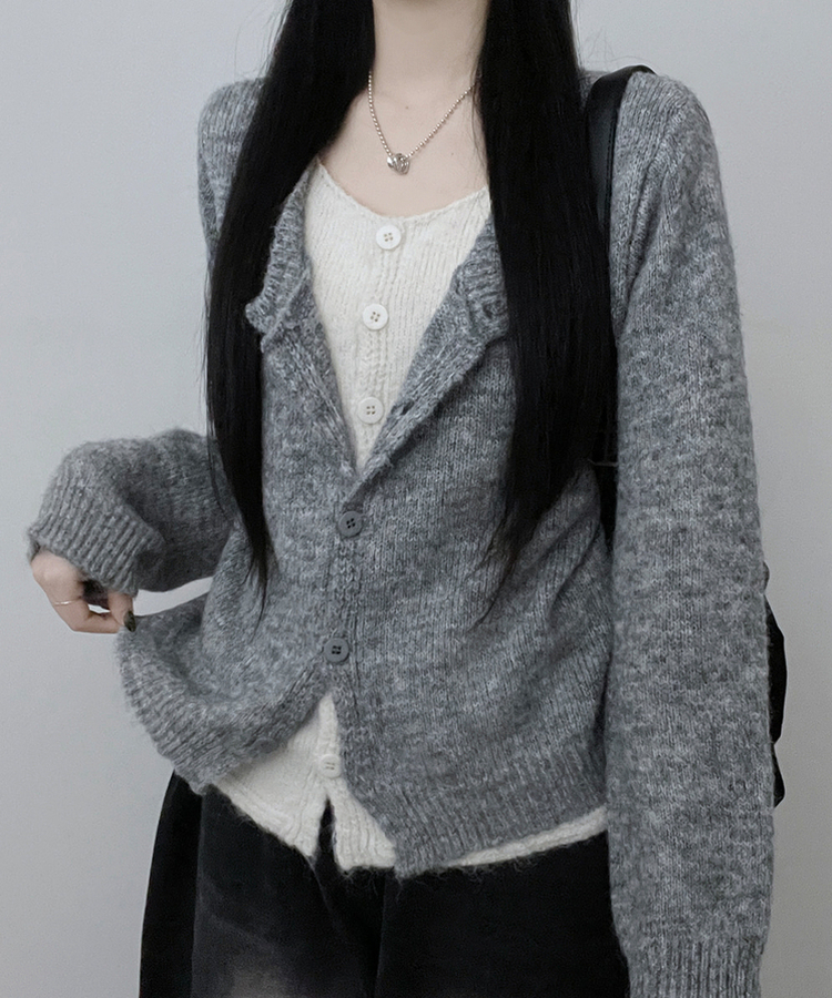 레블이중레이어드브이넥배색긴팔니트가디건 그레이