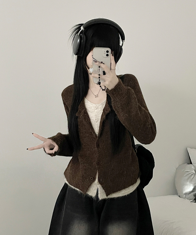 레블이중레이어드브이넥배색긴팔니트가디건 브라운