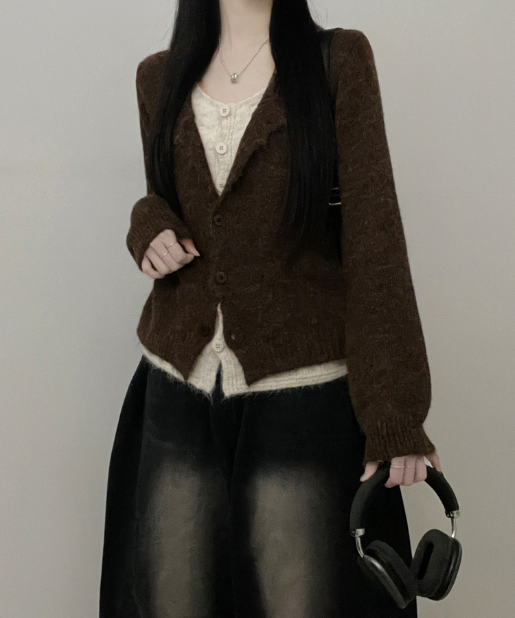 레블이중레이어드브이넥배색긴팔니트가디건 브라운