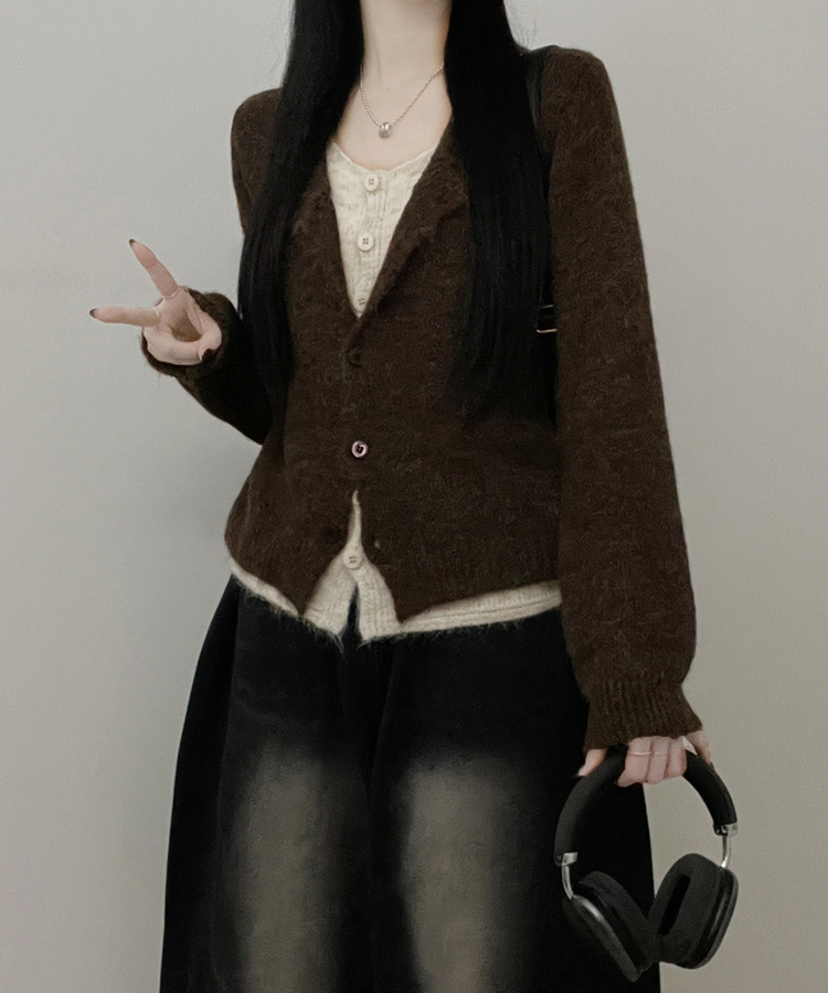 레블이중레이어드브이넥배색긴팔니트가디건 브라운