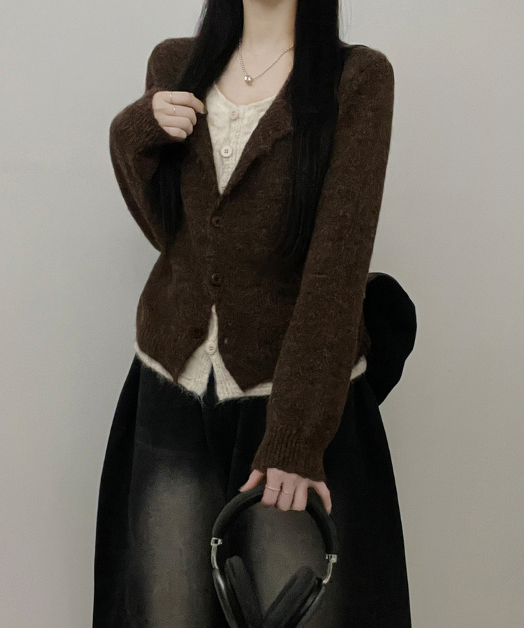 레블이중레이어드브이넥배색긴팔니트가디건 브라운