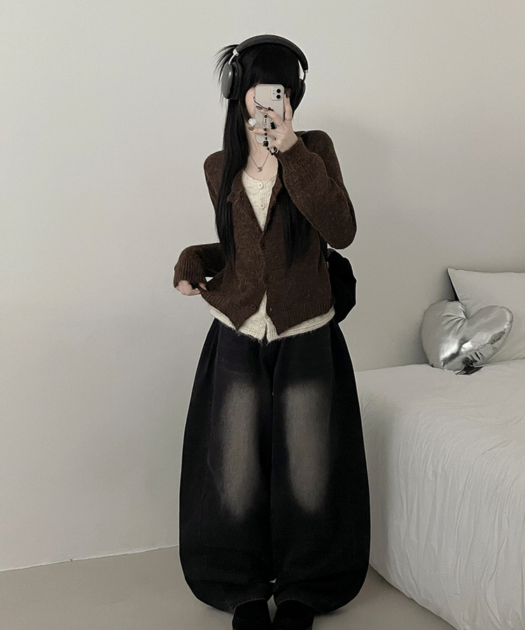 레블이중레이어드브이넥배색긴팔니트가디건 브라운