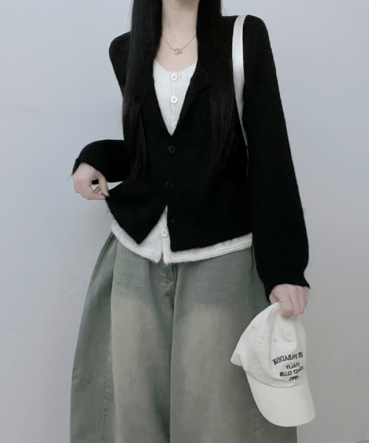 레블이중레이어드브이넥배색긴팔니트가디건 블랙