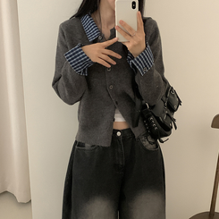 チェックレイヤードニットカーディガン(5color) CHARCOAL