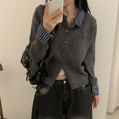 チェックレイヤードニットカーディガン(5color) CHARCOAL