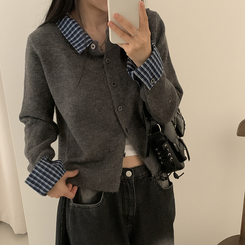 チェックレイヤードニットカーディガン(5color) CHARCOAL