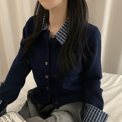 チェックレイヤードニットカーディガン(5color) NAVY