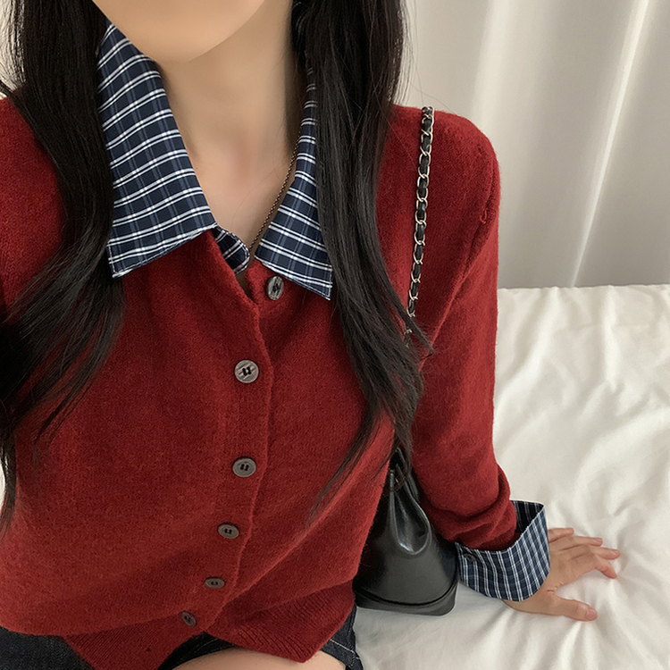 チェックレイヤードニットカーディガン(5color) RED