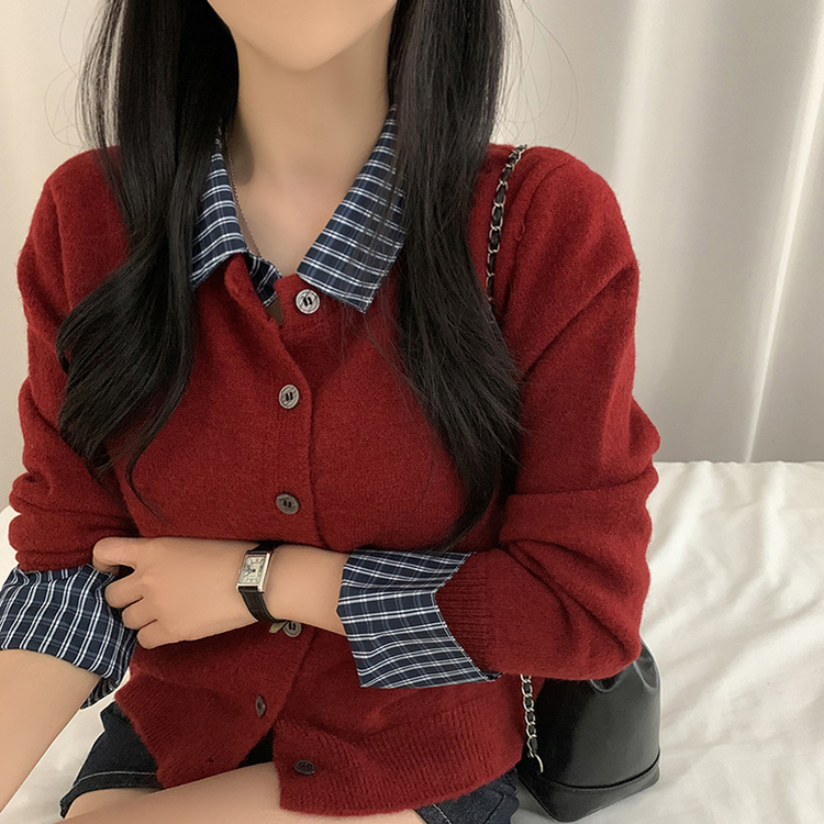 チェックレイヤードニットカーディガン(5color) RED