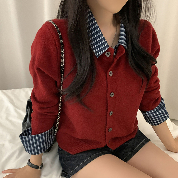 チェックレイヤードニットカーディガン(5color) RED