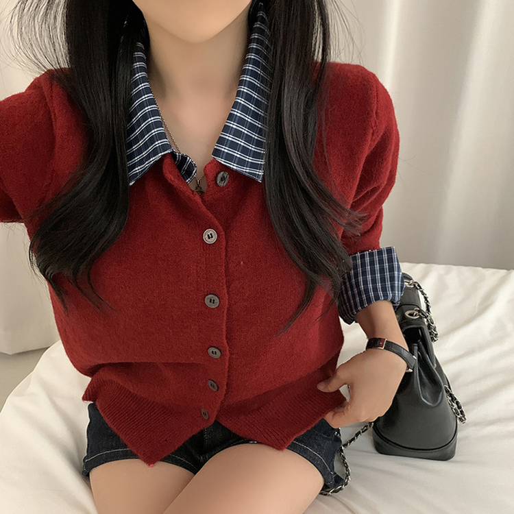 チェックレイヤードニットカーディガン(5color) RED