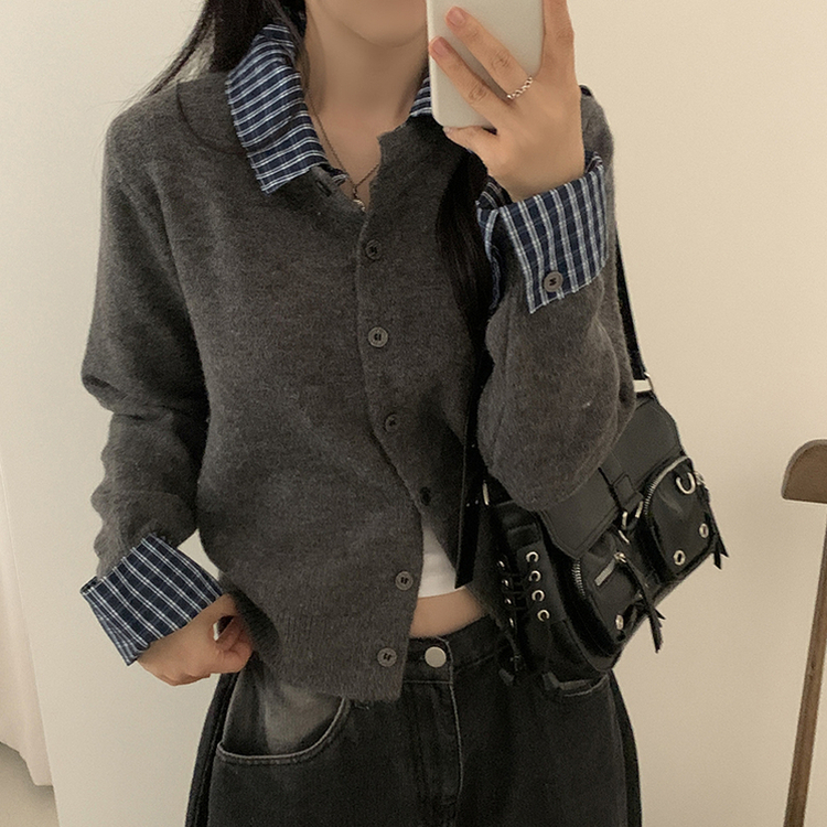 チェックレイヤードニットカーディガン(5color) CHARCOAL