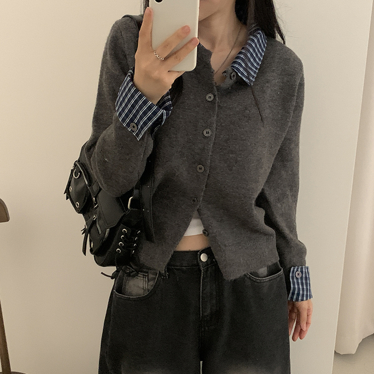 チェックレイヤードニットカーディガン(5color) CHARCOAL