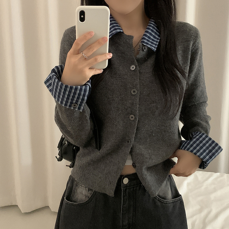 チェックレイヤードニットカーディガン(5color) CHARCOAL