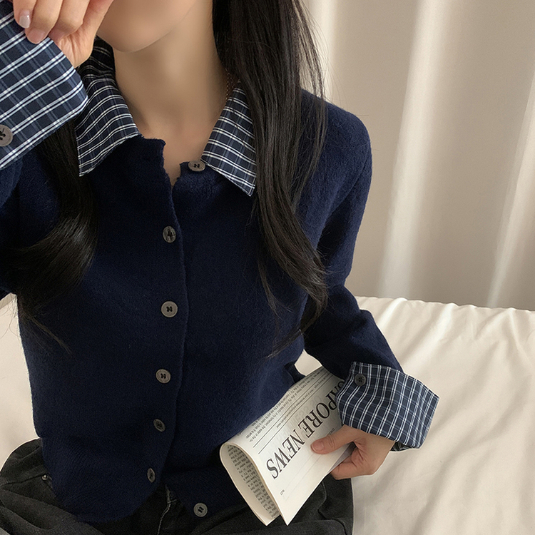 チェックレイヤードニットカーディガン(5color) NAVY