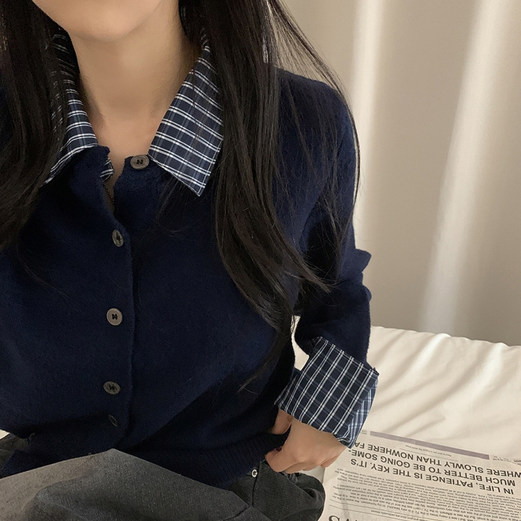チェックレイヤードニットカーディガン(5color) NAVY