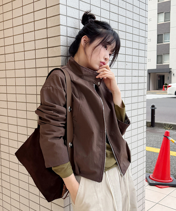 チェックバイカラーブルゾンジャケット｜ジャケット｜韓国ファッション 