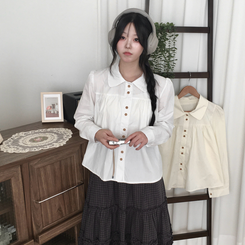 긴팔ver 모리걸 라운드카라 셔링 우드 투버튼 긴팔 블라우스 아이보리