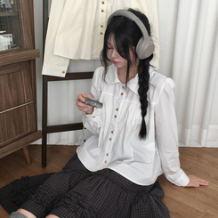 긴팔ver 모리걸 라운드카라 셔링 우드 투버튼 긴팔 블라우스 아이보리