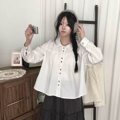 긴팔ver 모리걸 라운드카라 셔링 우드 투버튼 긴팔 블라우스 아이보리