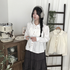 긴팔ver 모리걸 라운드카라 셔링 우드 투버튼 긴팔 블라우스 아이보리