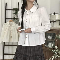 긴팔ver 모리걸 라운드카라 셔링 우드 투버튼 긴팔 블라우스 아이보리
