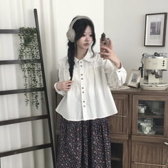 긴팔ver 모리걸 라운드카라 셔링 우드 투버튼 긴팔 블라우스 아이보리