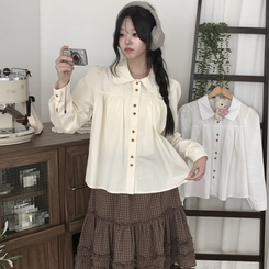 긴팔ver 모리걸 라운드카라 셔링 우드 투버튼 긴팔 블라우스 베이지