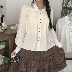 긴팔ver 모리걸 라운드카라 셔링 우드 투버튼 긴팔 블라우스 베이지