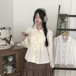 긴팔ver 모리걸 라운드카라 셔링 우드 투버튼 긴팔 블라우스 베이지