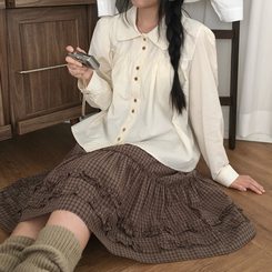 긴팔ver 모리걸 라운드카라 셔링 우드 투버튼 긴팔 블라우스 베이지