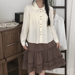 긴팔ver 모리걸 라운드카라 셔링 우드 투버튼 긴팔 블라우스 베이지