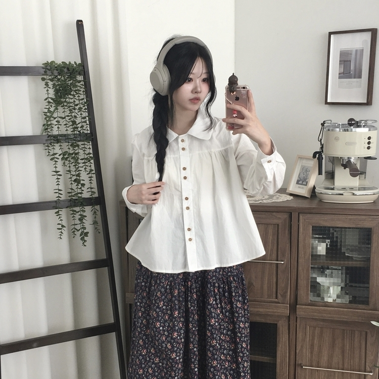 긴팔ver 모리걸 라운드카라 셔링 우드 투버튼 긴팔 블라우스 아이보리