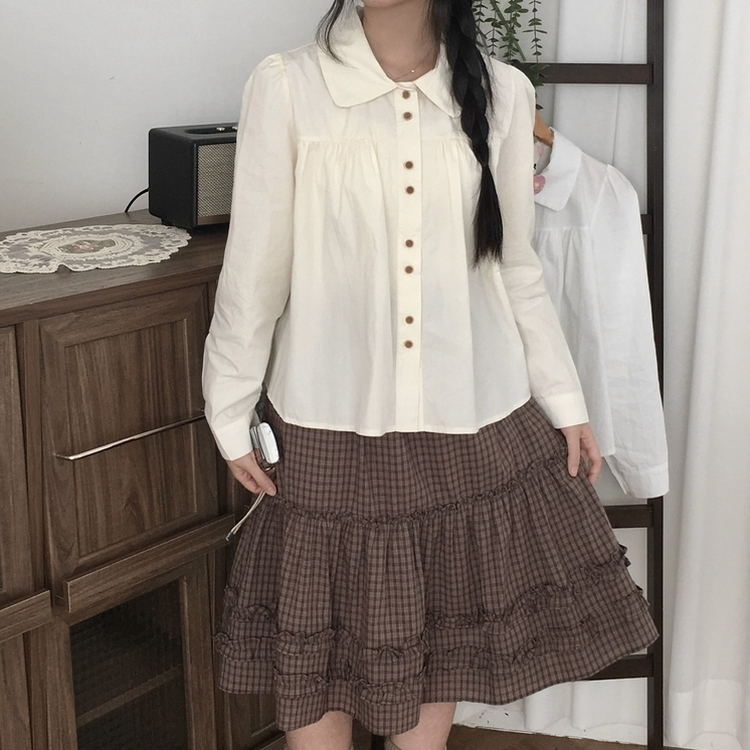 긴팔ver 모리걸 라운드카라 셔링 우드 투버튼 긴팔 블라우스 베이지